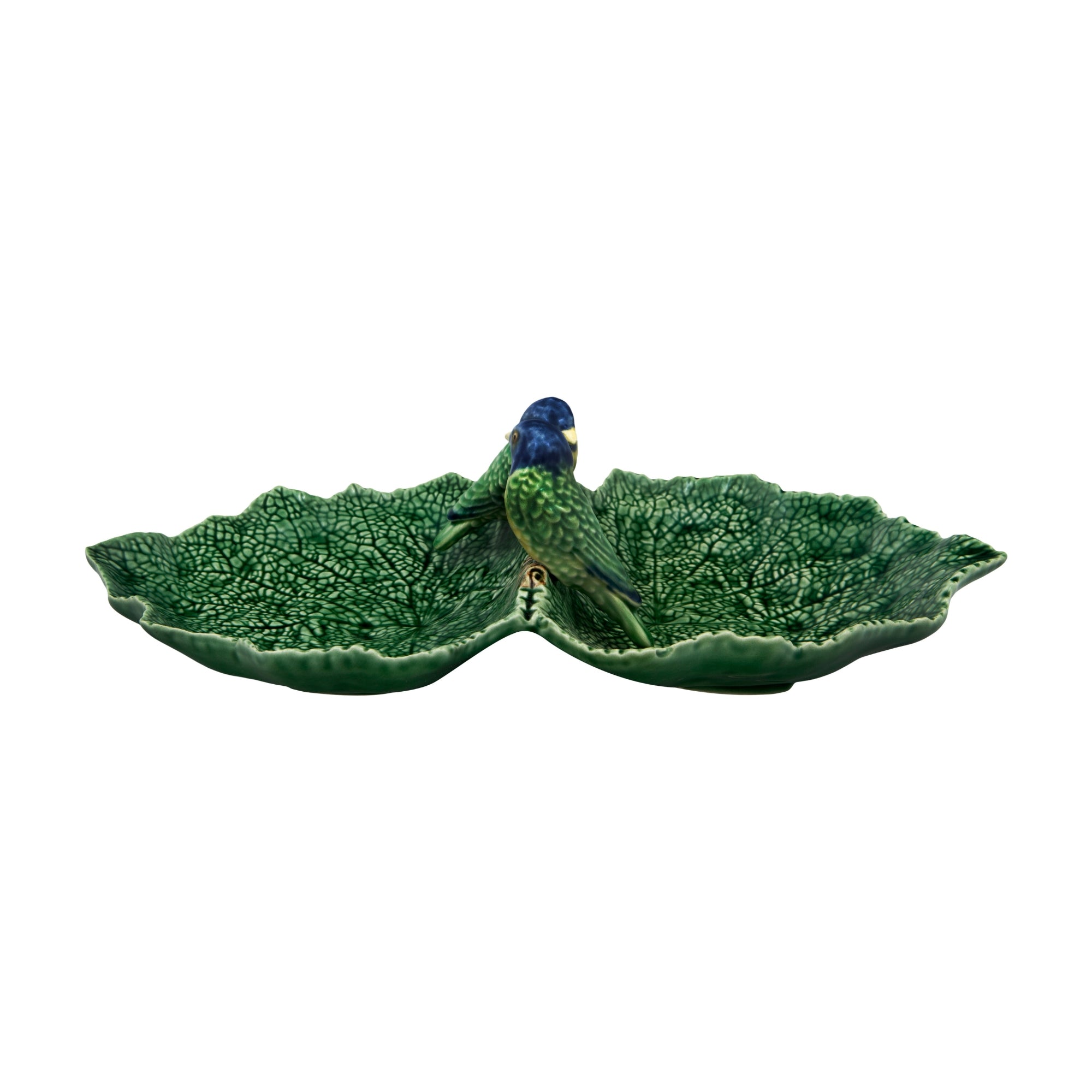 Bordallo Pinheiro Cinerária Blatttablett mit zwei blauen Vögeln, 34 cm