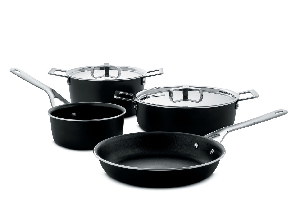 Alessi Pots&amp;Pans Set of 6 Aluminum Pots with Non-Stick Coating, 18/10 Stainless Steel