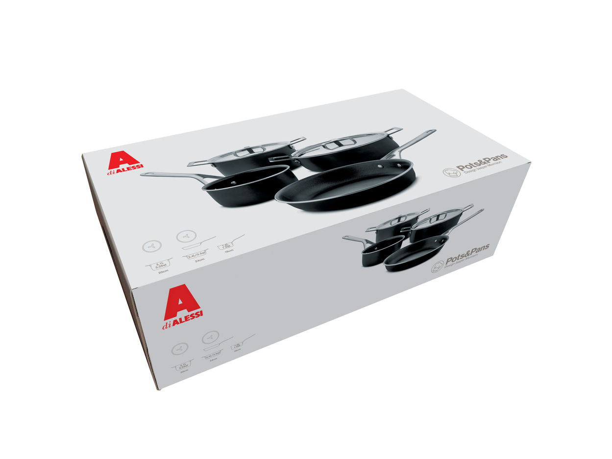 Alessi Pots&amp;Pans Set of 6 Aluminum Pots with Non-Stick Coating, 18/10 Stainless Steel