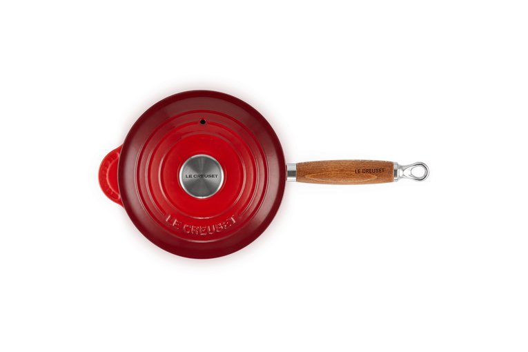 Le Creuset Casseruola in Ghisa Vetrificata con manico lungo in legno, 18 cm, Rosso Ciliegia