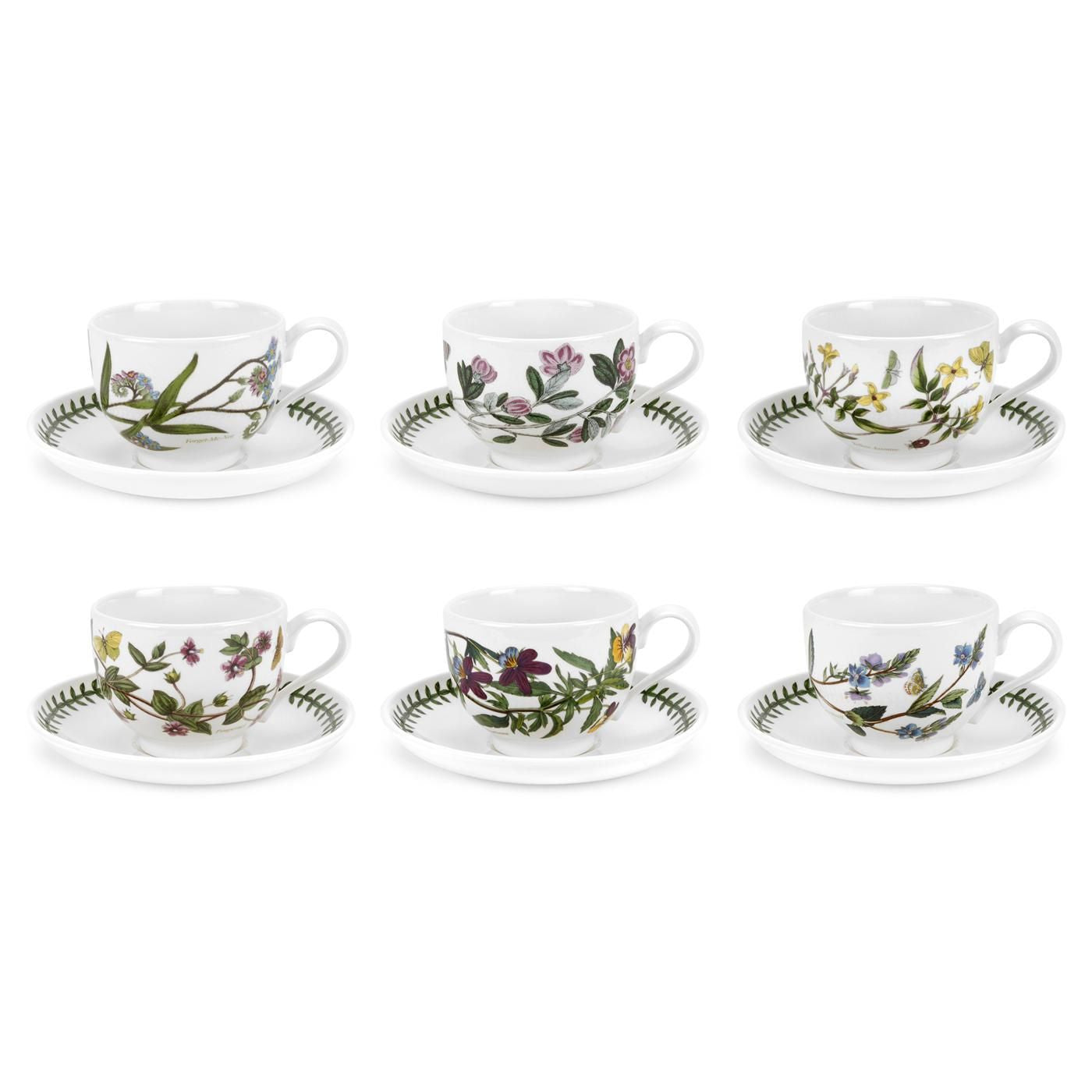 Portmeirion Botanic Garden Set of 6 Breakfast cups and saucers, assorted decorations