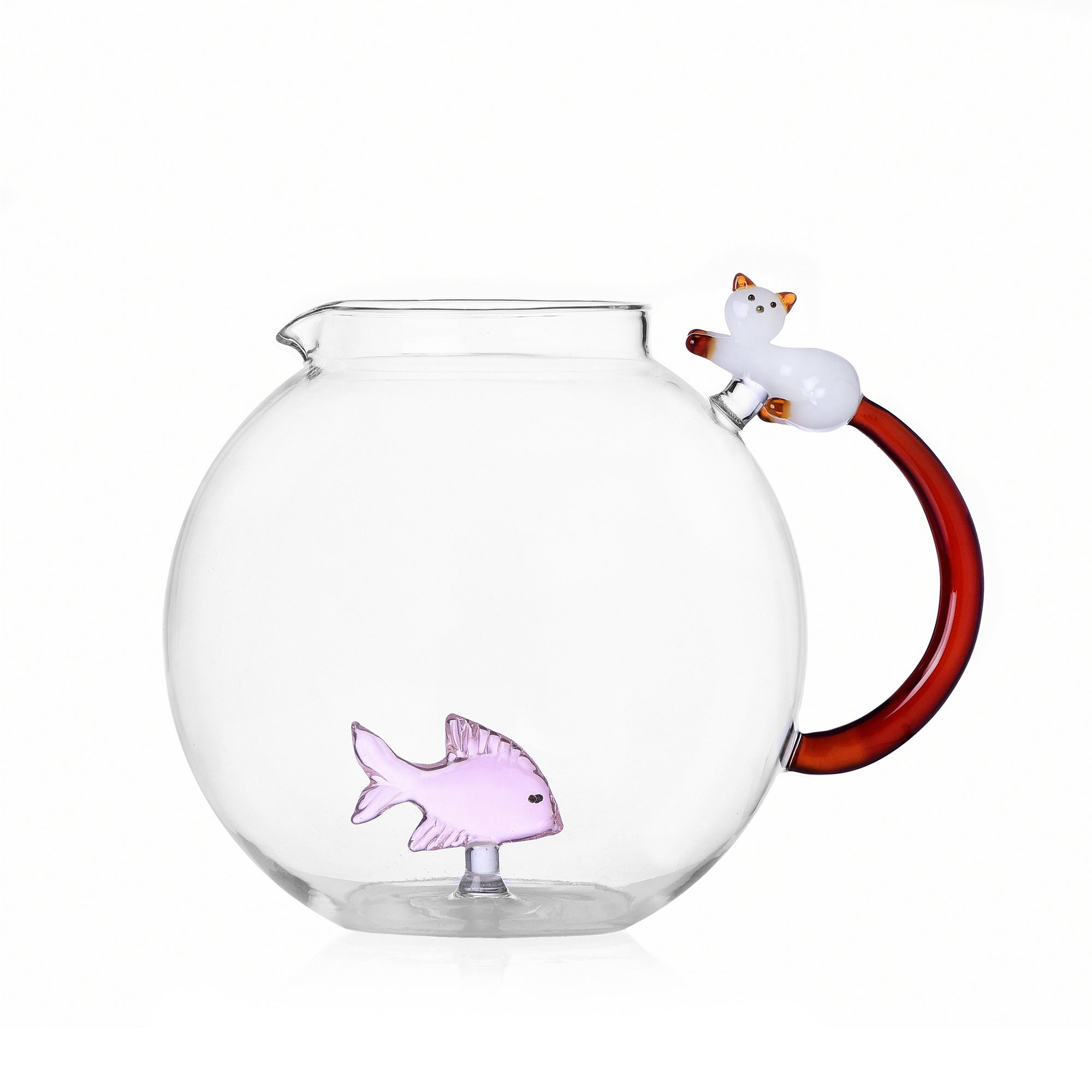 Ichendorf Tabby-Katzenkrug, rosa Fisch und weiße Katze mit bernsteinfarbenem Schwanz
