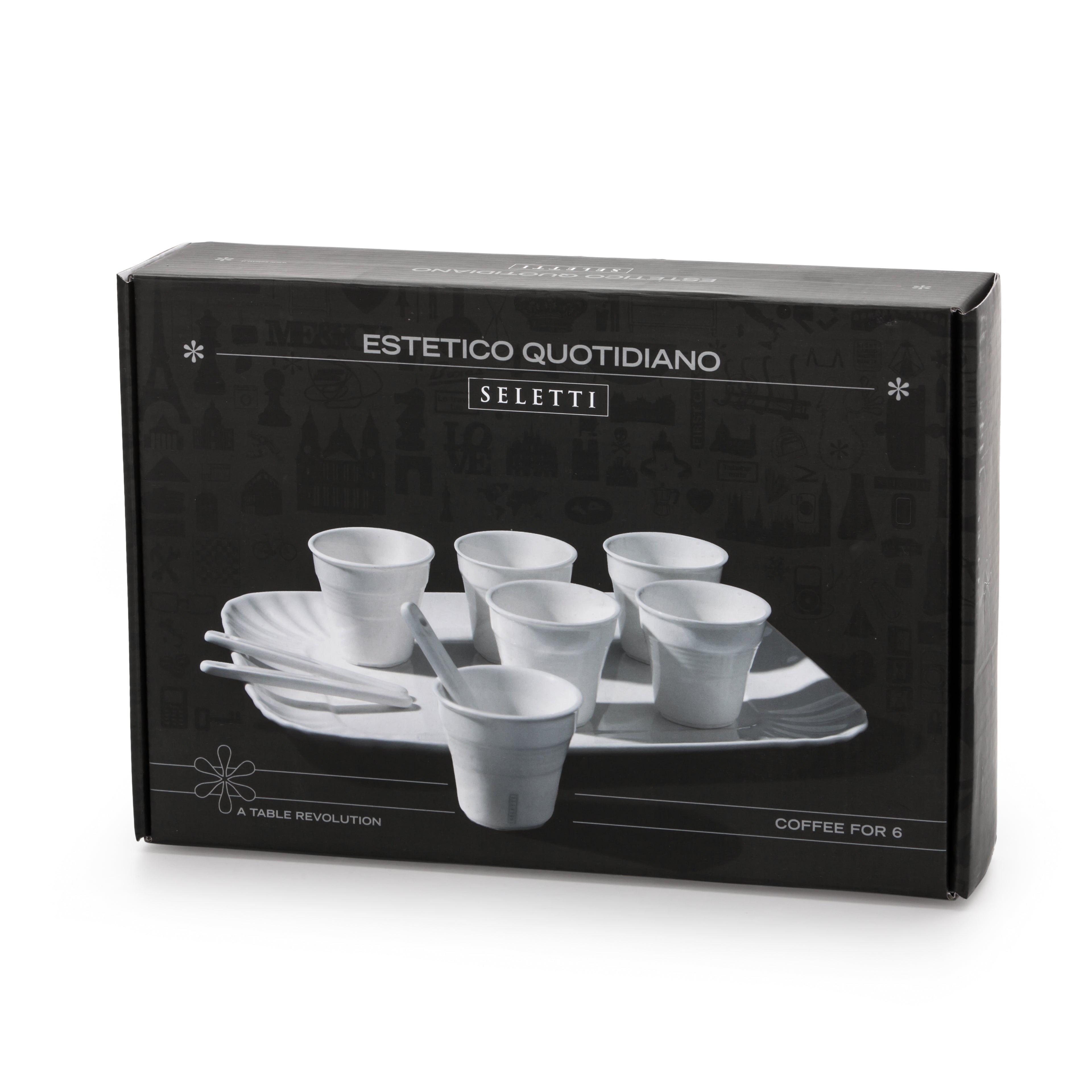 Seletti Estetico Quotidiano Set mit 6 Kaffeetassen, 6 Löffeln und Porzellantablett