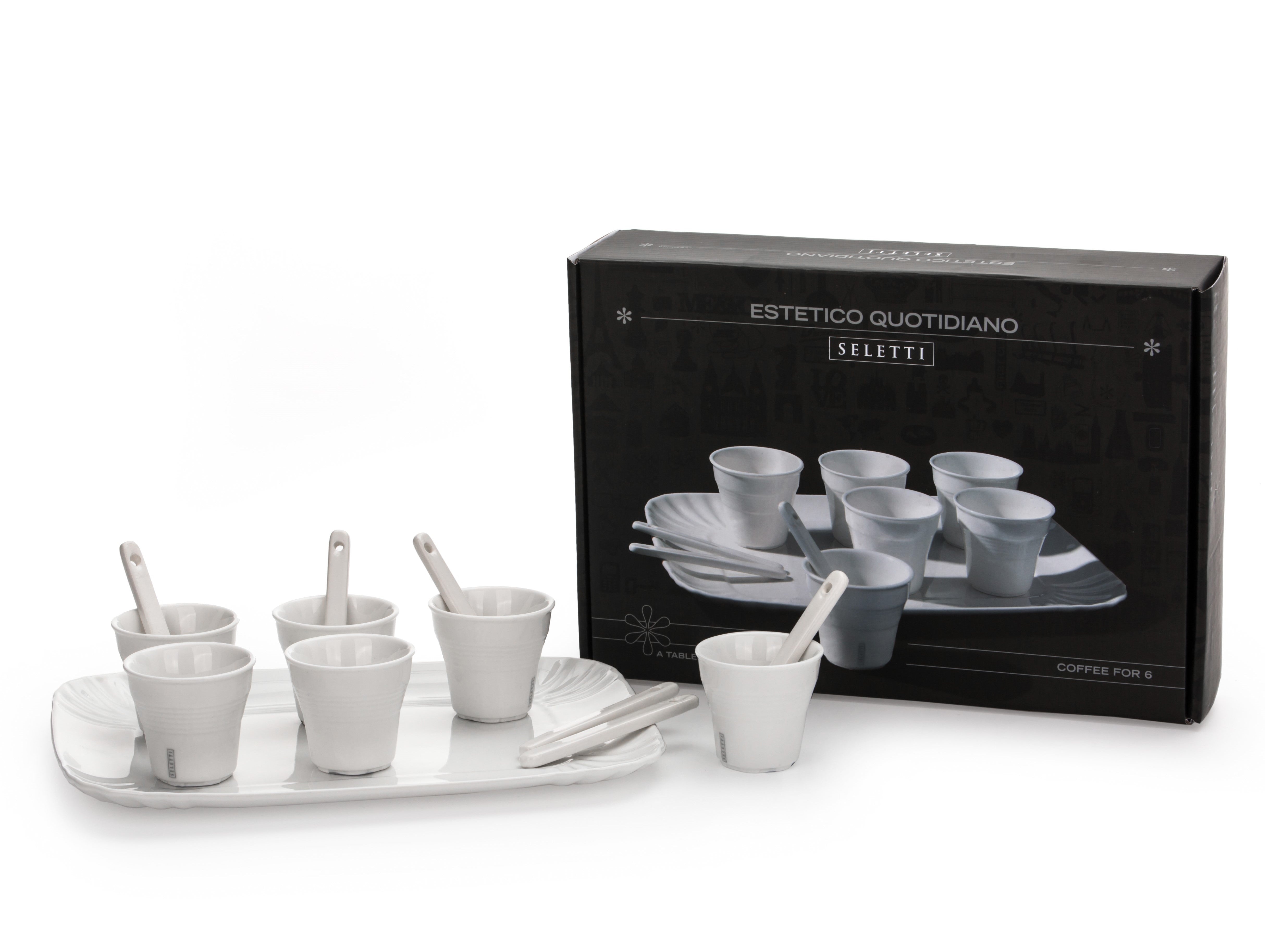 Seletti Estetico Quotidiano Set mit 6 Kaffeetassen, 6 Löffeln und Porzellantablett