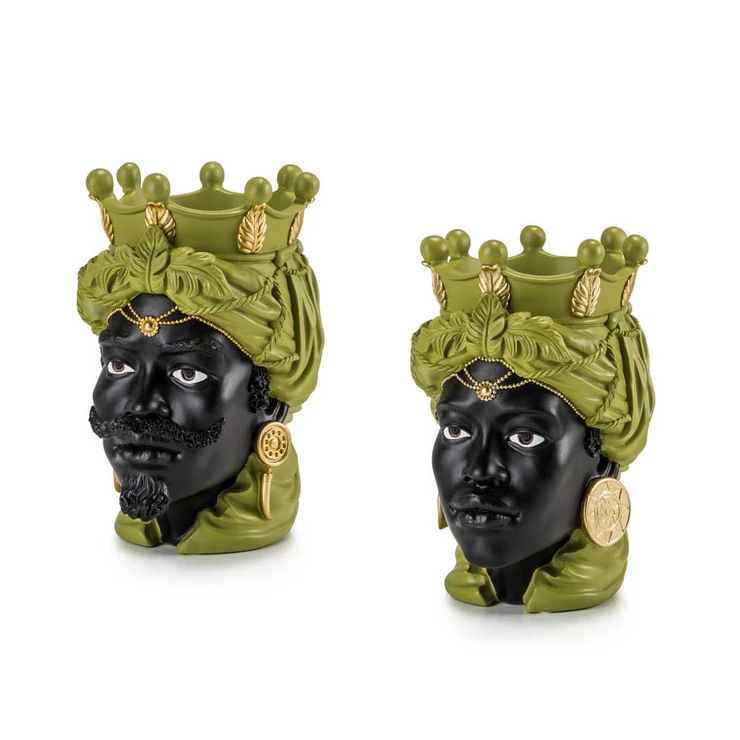 Palais Royal Pair of Moor's Heads Sage/Gold, 28 cm