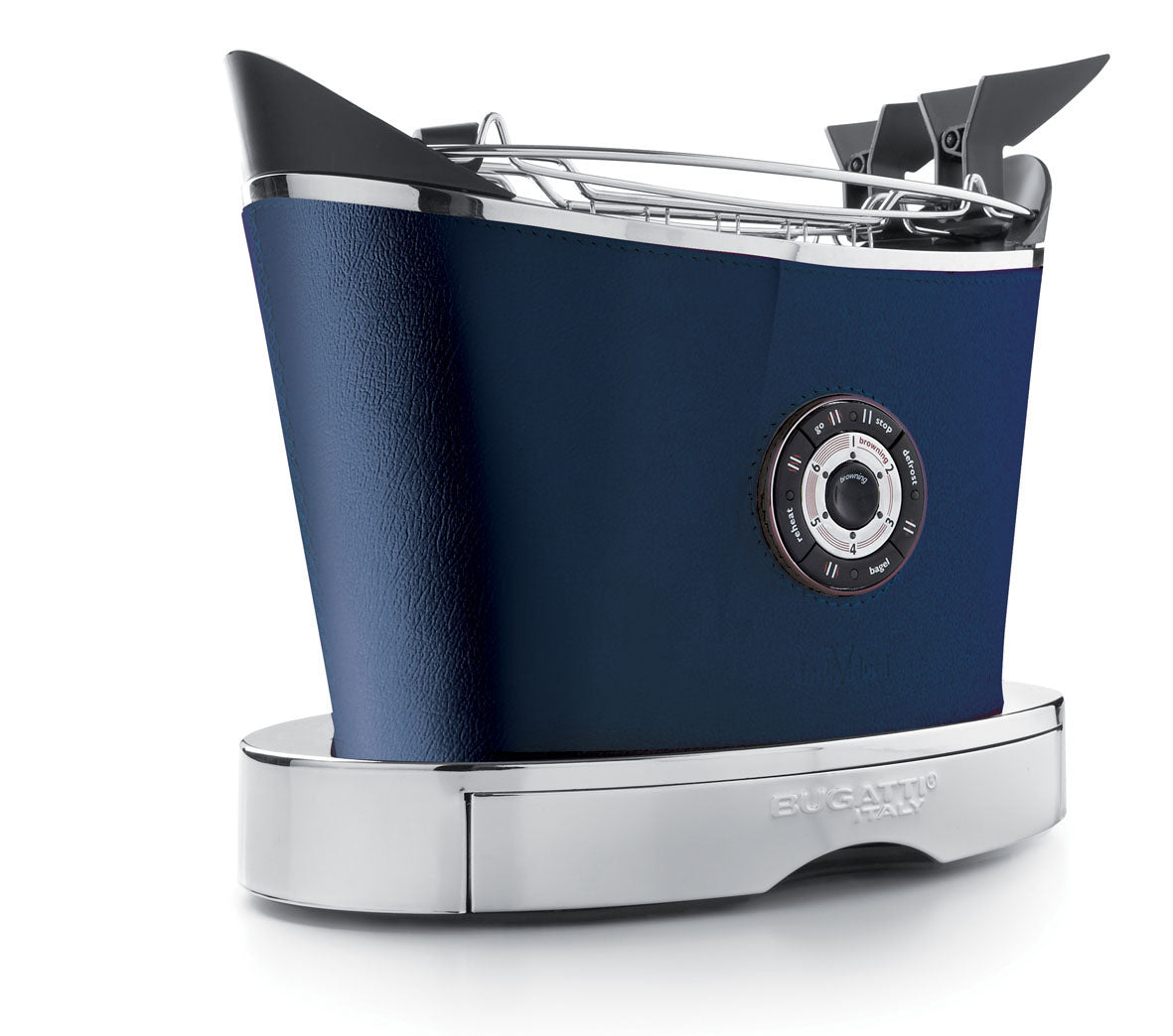 BUGATTI Volo Electric Toaster in Steel with Blue Leather Upholstery