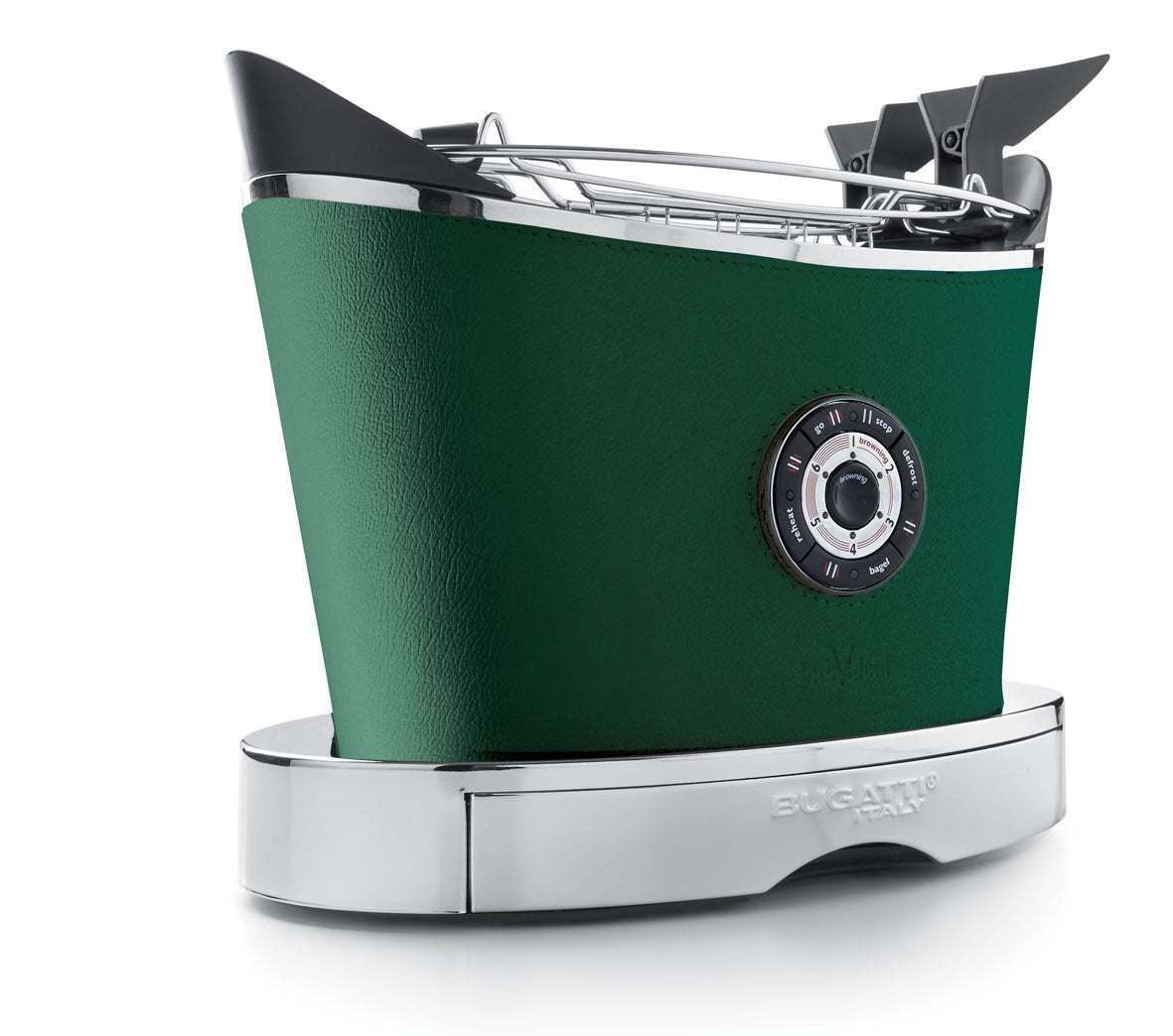 BUGATTI Volo Electric Toaster in Steel with Green Leather Upholstery