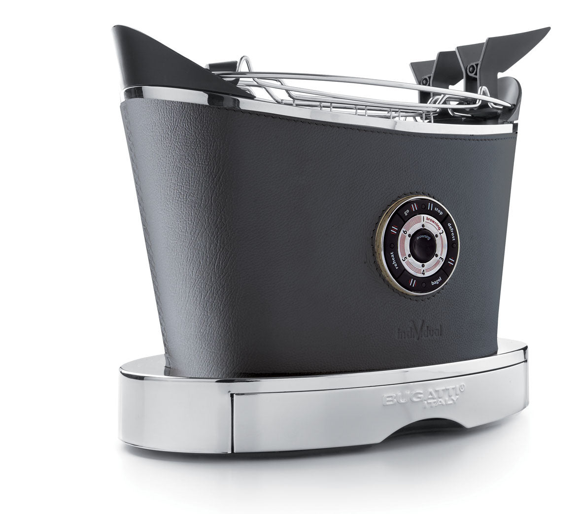 BUGATTI Volo Electric Toaster in Steel with Gray Leather Upholstery