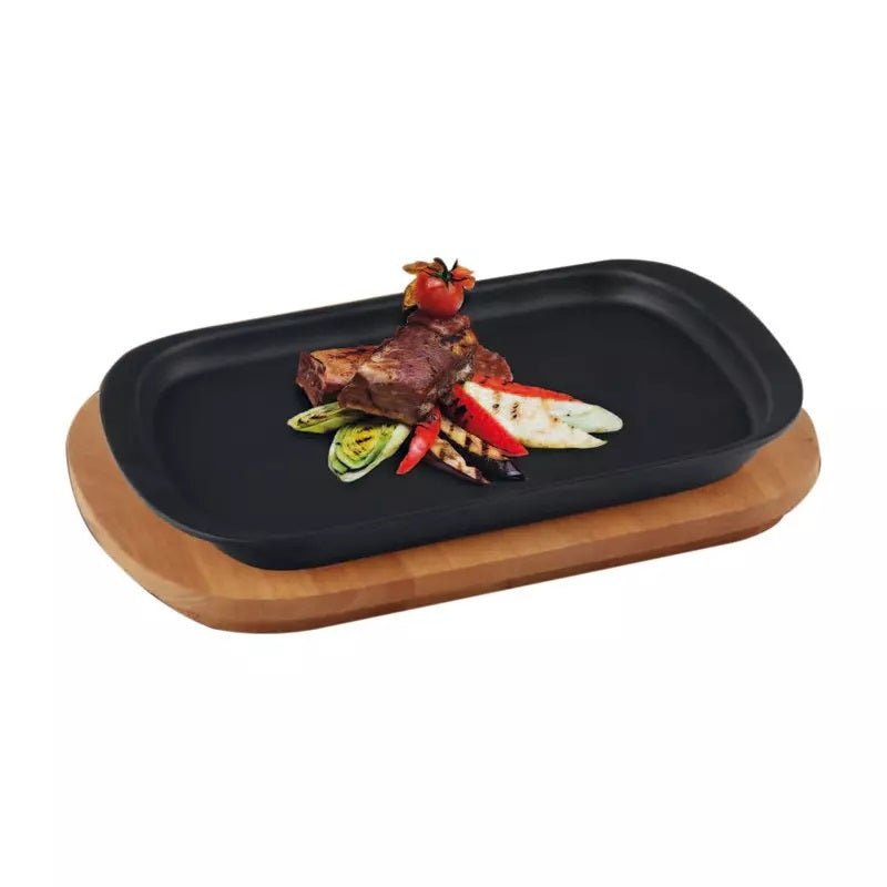 Paderno Enamelled cast iron serving plate with wooden support