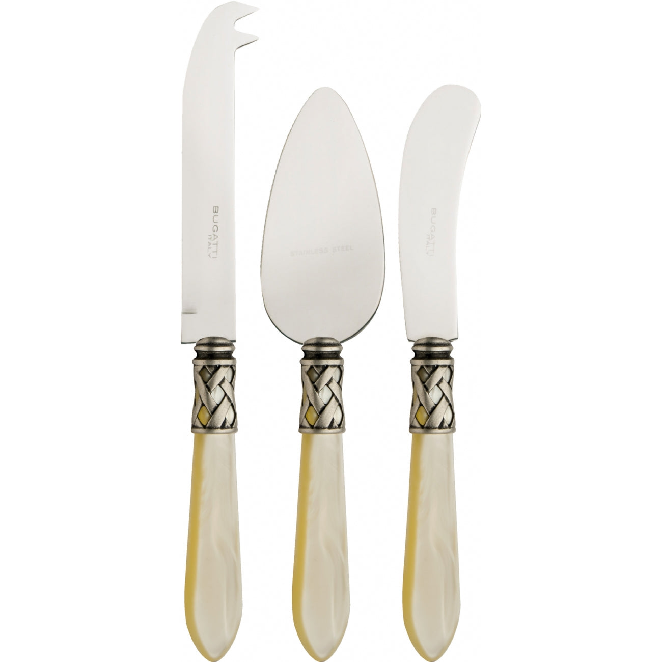 BUGATTI, Aladdin, Set of 3 cheese pieces in 18/10 Stainless Steel, silver ferrule and Ivory color handle with mother of pearl effect