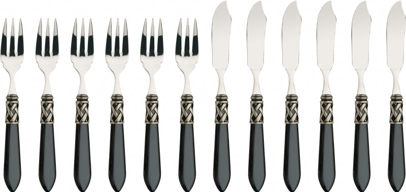 BUGATTI, Aladdin, Fish Cutlery Set 12 Pieces in 18/10 Stainless Steel Chromed ferrule and Black handle with mother of pearl effect