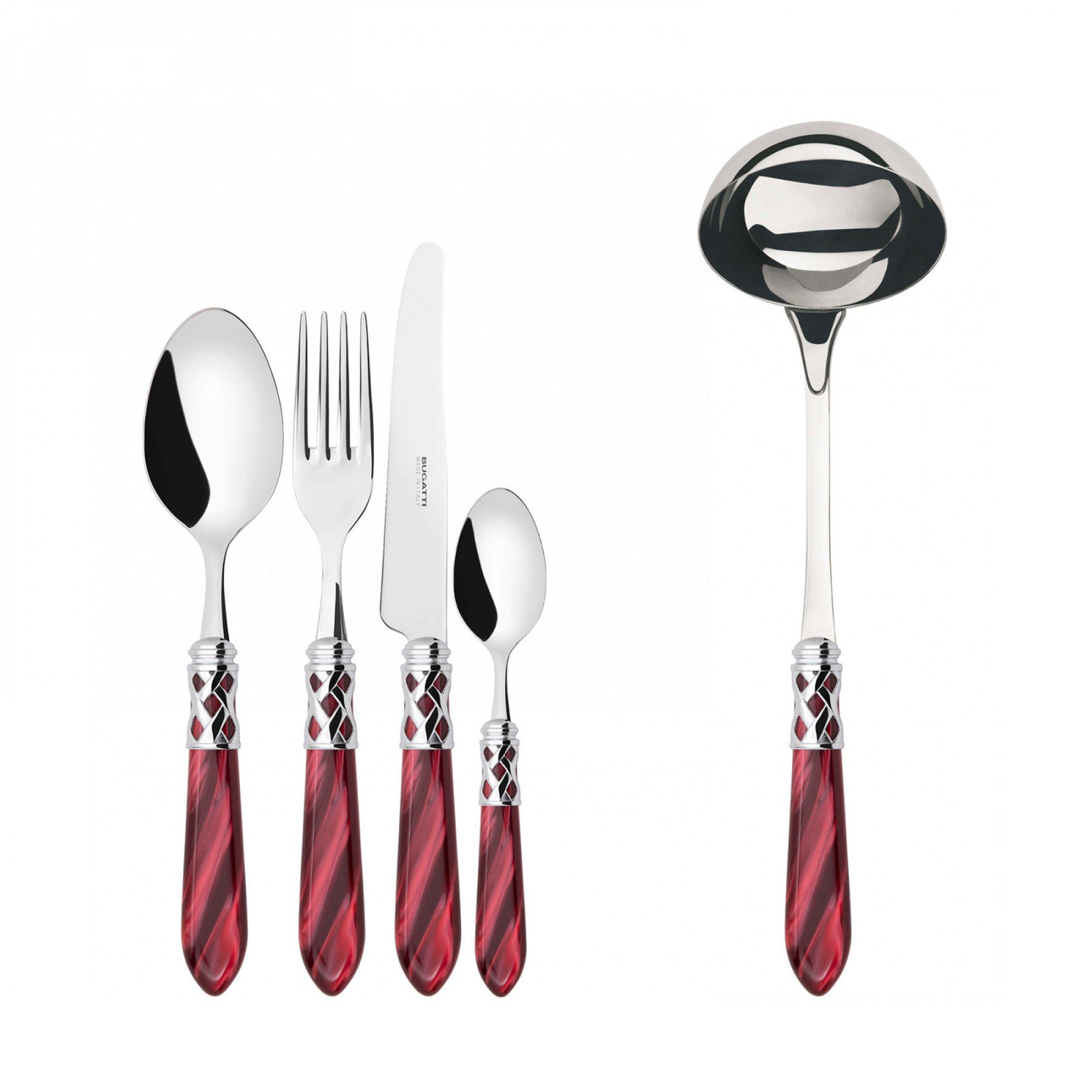 BUGATTI, Aladdin, 49-Piece Cutlery Set in Stainless Steel, Chromed Ring and Bordeaux Silk Effect Handle. Set for 12 people: 12 spoons, 12 forks, 12 knives, 12 teaspoons and 1 ladle