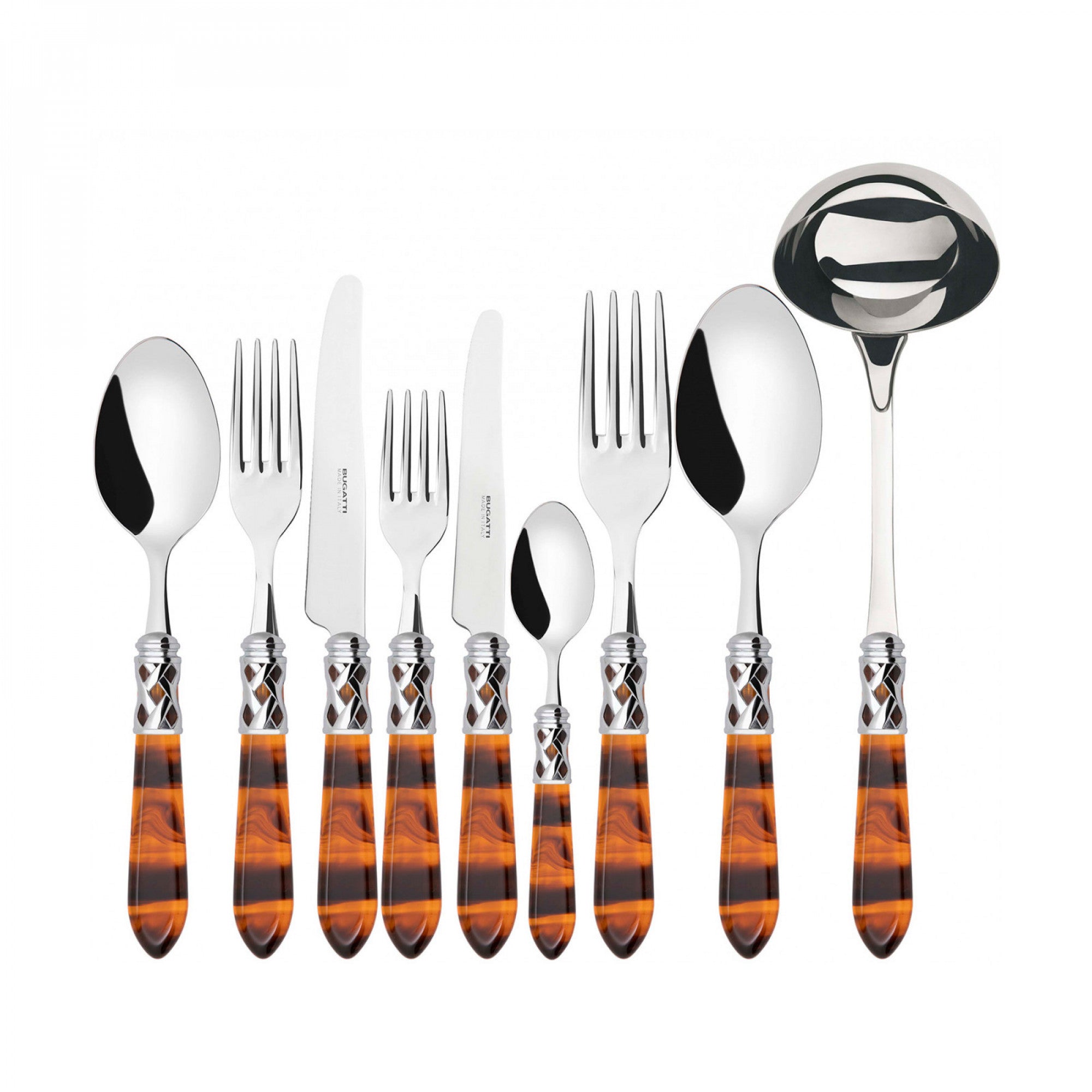 BUGATTI, Aladdin, 75-Piece Cutlery Set in 18/10 Stainless Steel Chromed Ring and Tortoise Color Handle Transparent Finish