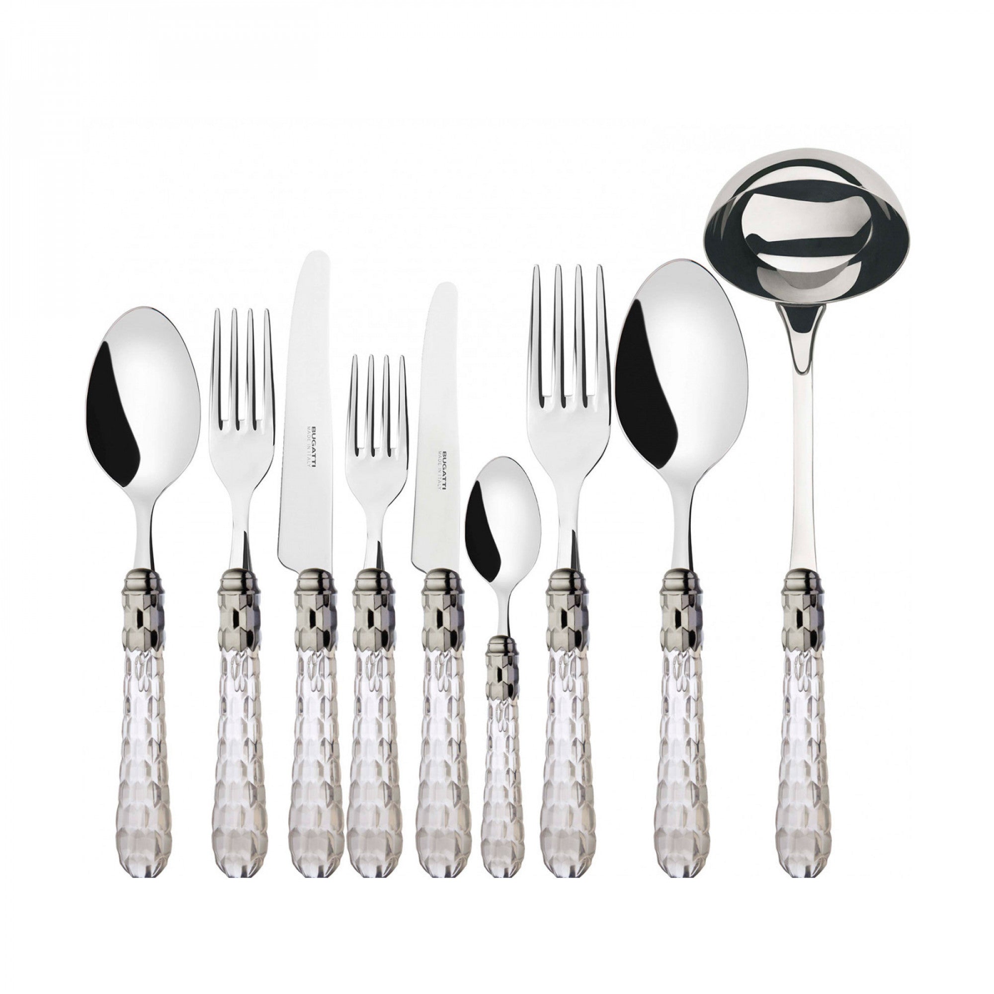 BUGATTI, Cristallo, 75-piece cutlery set in 18/10 stainless steel, chromed ring and transparent color handle