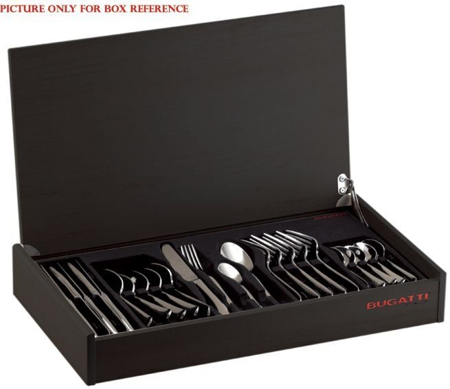 BUGATTI, Cristallo, 24-piece cutlery set in 18/10 stainless steel with golden ring. Packaged in wooden case with wengé finish