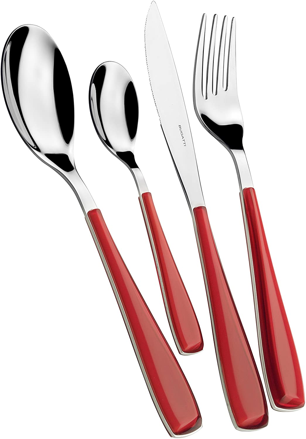 BUGATTI, Essenza, 24 Piece Cutlery Set in 18/10 Stainless Steel and Red Handle. Cutlery Set for 6 People Consisting of 6 Spoons, 6 Forks, 6 Knives and 6 Coffee Spoons