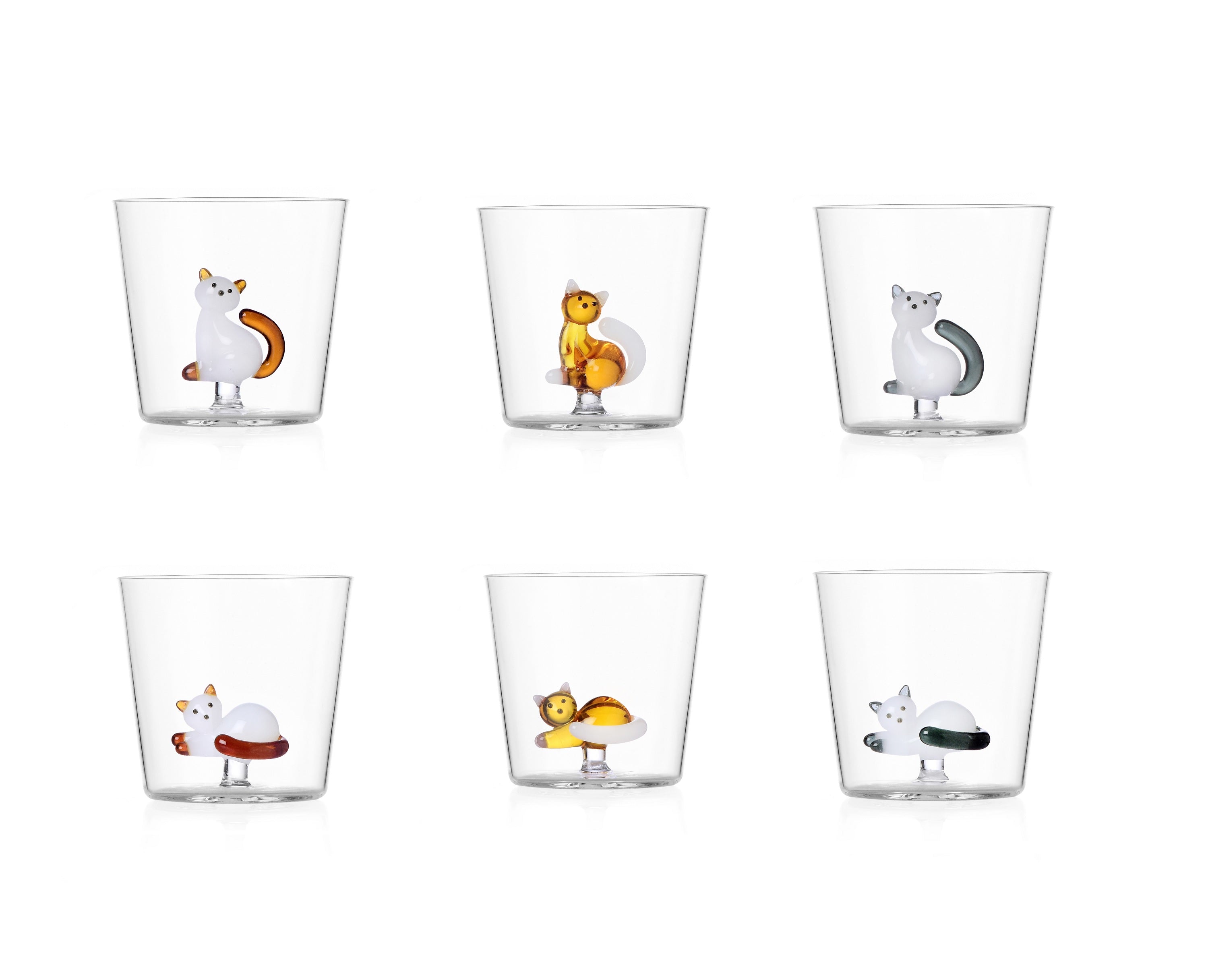 Ichendorf Tabby Cat Set of 6 water tumblers, assorted decorations