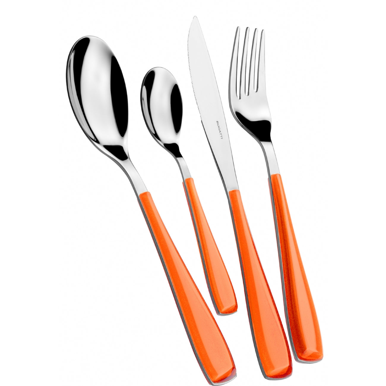 BUGATTI, Essenza, 24 Piece Cutlery Set in 18/10 Stainless Steel and Orange Color Handle. Cutlery Set for 6 People Consisting of 6 Spoons, 6 Forks, 6 Knives and 6 Coffee Spoons