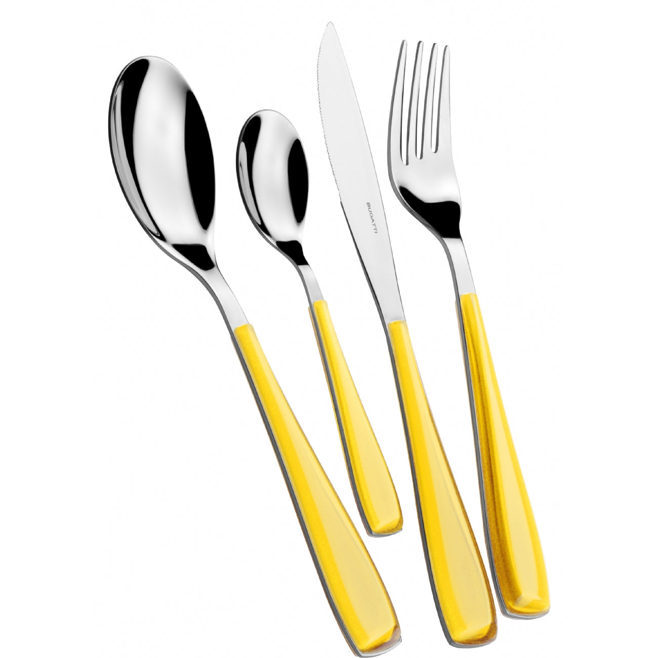 BUGATTI, Essenza, 24 Piece Cutlery Set in 18/10 Stainless Steel and Yellow Handle. Cutlery Set for 6 People Consisting of 6 Spoons, 6 Forks, 6 Knives and 6 Coffee Spoons