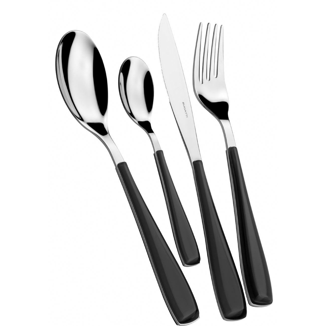 BUGATTI, Essenza, 24-Piece Cutlery Set in 18/10 Stainless Steel and Black Color Handle. Cutlery Set for 6 People Consisting of 6 Spoons, 6 Forks, 6 Knives and 6 Coffee Spoons