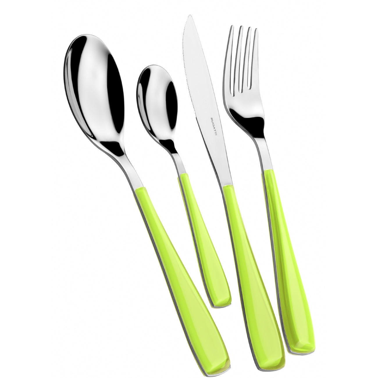 BUGATTI, Essenza, 24 Piece Cutlery Set in 18/10 Stainless Steel and Apple Green Color Handle. Cutlery Set for 6 People Consisting of 6 Spoons, 6 Forks, 6 Knives and 6 Coffee Spoons